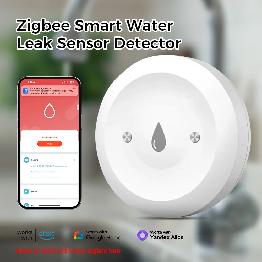 Tuya ZigBee Smart Water Sensor Detector Flood Leakage Alarm APP Control Waterproof for Home Kitchen Bathroom Smart Life Gateway