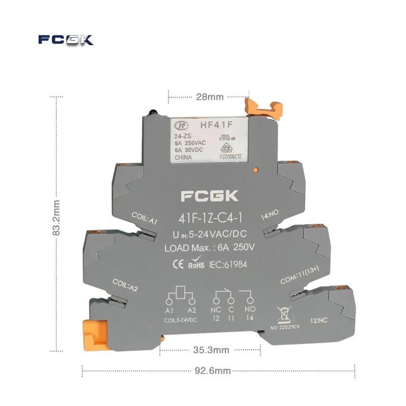 Din Rail Slim Relay Module 41F-1Z-C4-1 Integrated PCB Mount Power Relay With Relay Holder 12V 24V ACDC 220V Relay Socket 6.2mm