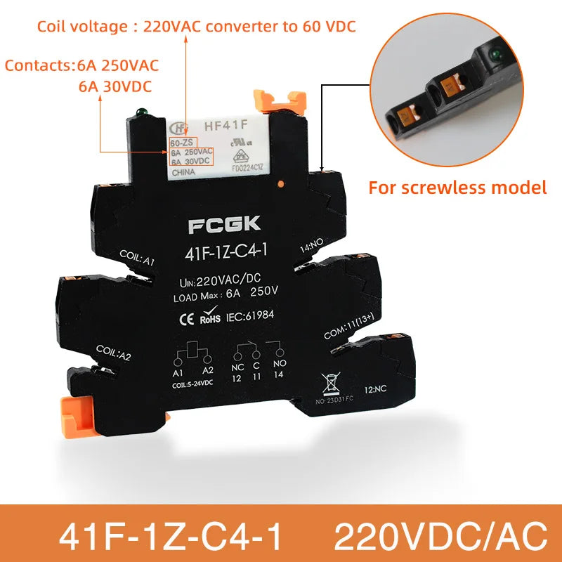 Din Rail Slim Relay Module 41F-1Z-C4-1 Integrated PCB Mount Power Relay With Relay Holder 12V 24V ACDC 220V Relay Socket 6.2mm