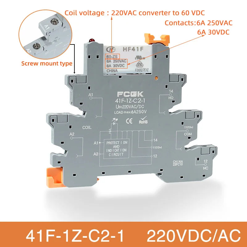 Din Rail Slim Relay Module 41F-1Z-C4-1 Integrated PCB Mount Power Relay With Relay Holder 12V 24V ACDC 220V Relay Socket 6.2mm