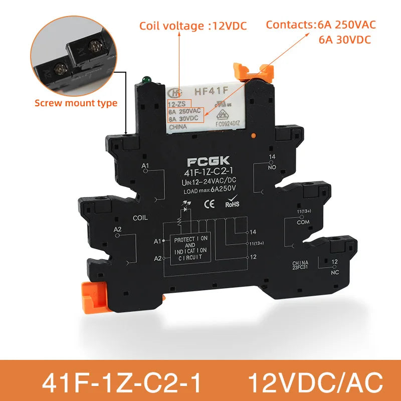 Din Rail Slim Relay Module 41F-1Z-C4-1 Integrated PCB Mount Power Relay With Relay Holder 12V 24V ACDC 220V Relay Socket 6.2mm