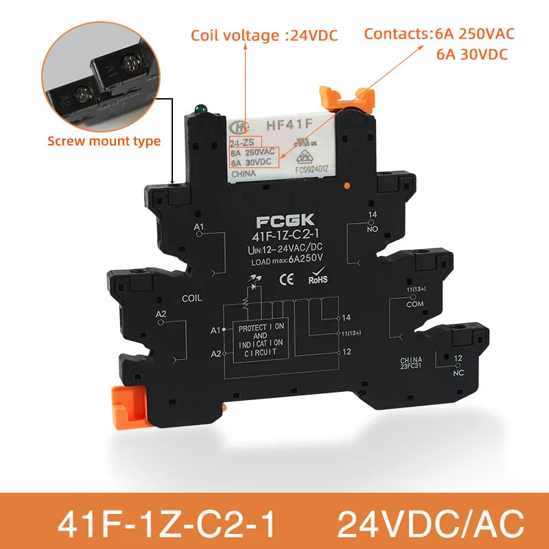 Din Rail Slim Relay Module 41F-1Z-C4-1 Integrated PCB Mount Power Relay With Relay Holder 12V 24V ACDC 220V Relay Socket 6.2mm