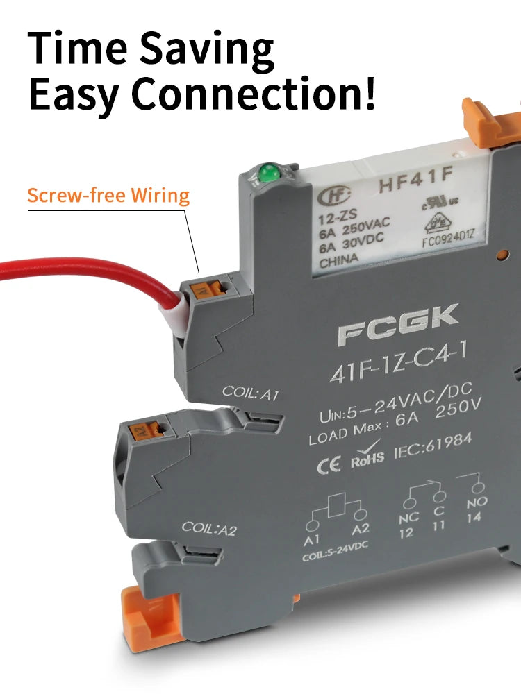 Din Rail Slim Relay Module 41F-1Z-C4-1 Integrated PCB Mount Power Relay With Relay Holder 12V 24V ACDC 220V Relay Socket 6.2mm