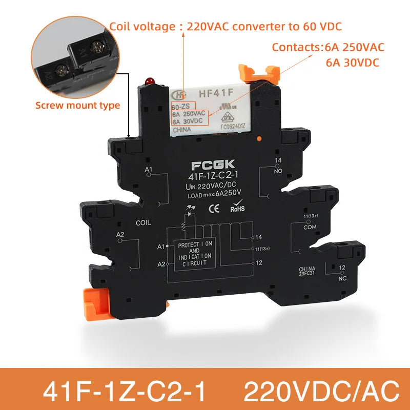 Din Rail Slim Relay Module 41F-1Z-C4-1 Integrated PCB Mount Power Relay With Relay Holder 12V 24V ACDC 220V Relay Socket 6.2mm
