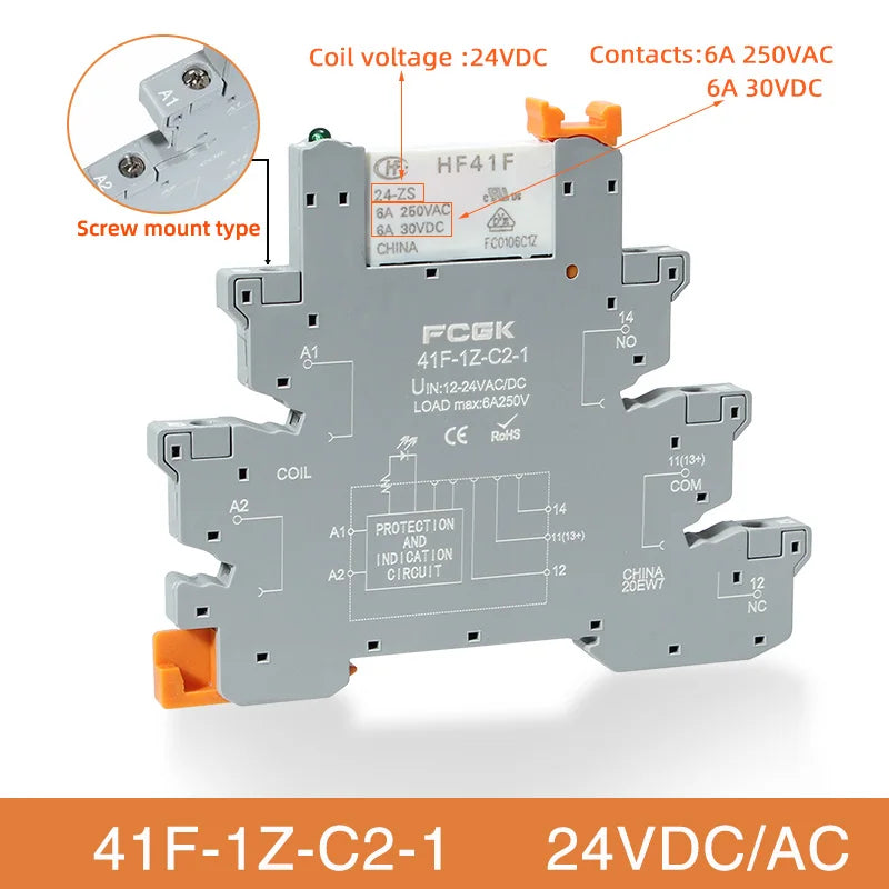Din Rail Slim Relay Module 41F-1Z-C4-1 Integrated PCB Mount Power Relay With Relay Holder 12V 24V ACDC 220V Relay Socket 6.2mm