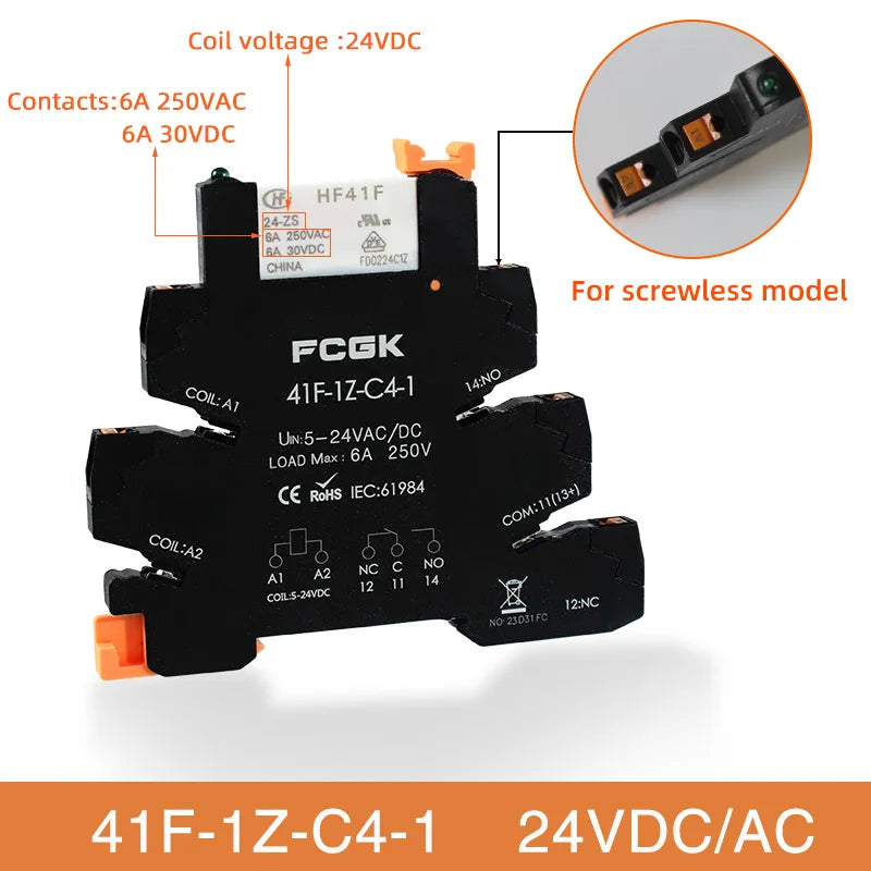 Din Rail Slim Relay Module 41F-1Z-C4-1 Integrated PCB Mount Power Relay With Relay Holder 12V 24V ACDC 220V Relay Socket 6.2mm