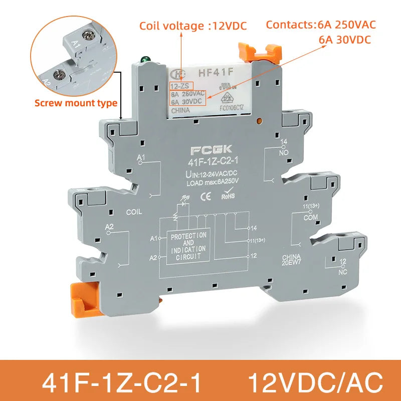 Din Rail Slim Relay Module 41F-1Z-C4-1 Integrated PCB Mount Power Relay With Relay Holder 12V 24V ACDC 220V Relay Socket 6.2mm
