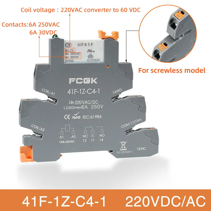 Din Rail Slim Relay Module 41F-1Z-C4-1 Integrated PCB Mount Power Relay With Relay Holder 12V 24V ACDC 220V Relay Socket 6.2mm