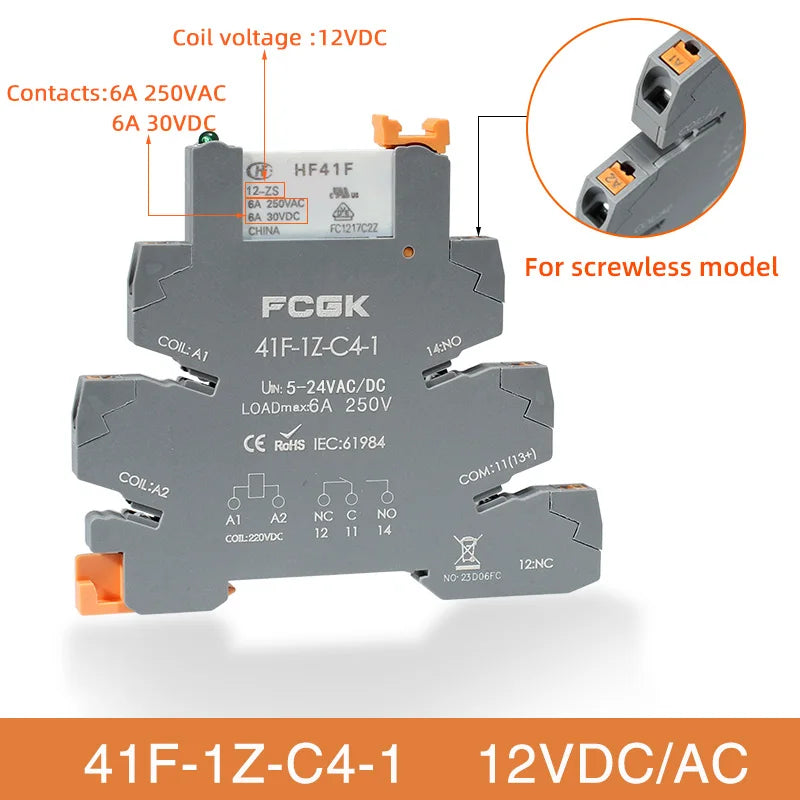 Din Rail Slim Relay Module 41F-1Z-C4-1 Integrated PCB Mount Power Relay With Relay Holder 12V 24V ACDC 220V Relay Socket 6.2mm