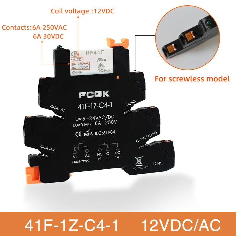 Din Rail Slim Relay Module 41F-1Z-C4-1 Integrated PCB Mount Power Relay With Relay Holder 12V 24V ACDC 220V Relay Socket 6.2mm