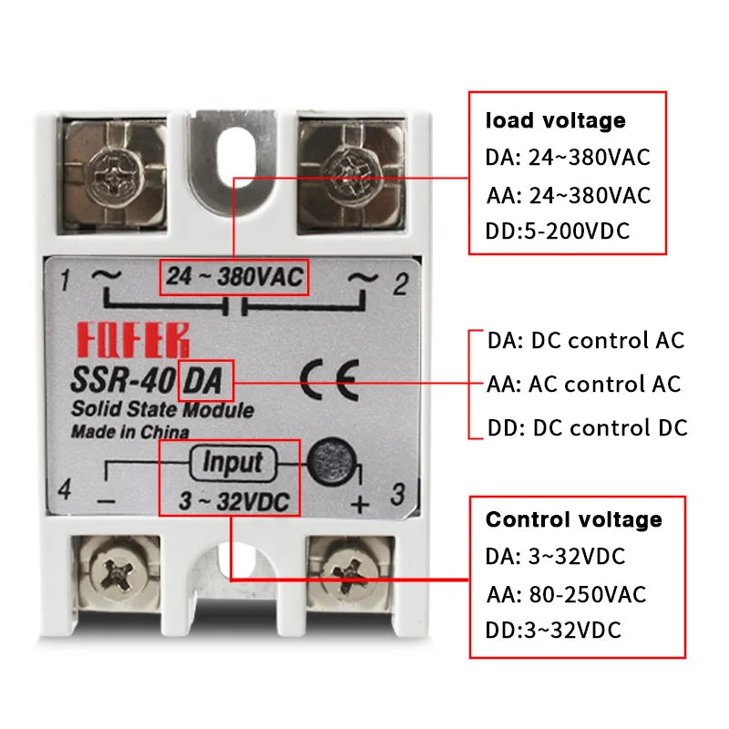 10A SSR 25A Solid State Relay 40A Output 3-32VDC 24-480VAC 220V Single Phase DC TO AC 40A Relay SSR HeatSink SSR 40DA