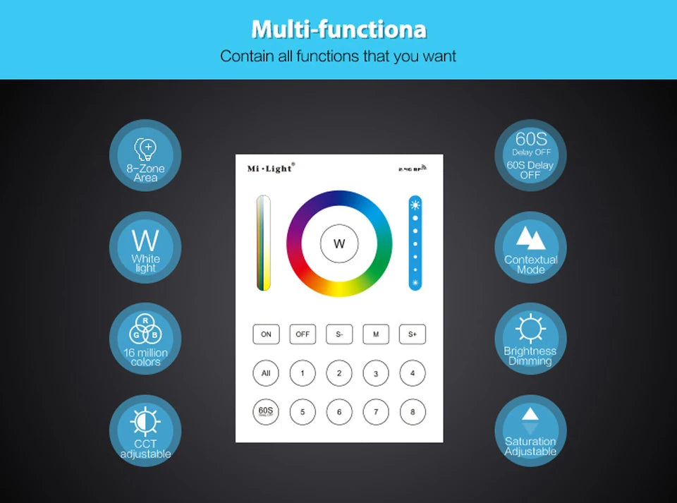Milight 8 Zone 2.4G WIFI Touch Panel Brightness/CCT/RGB/RGBW/RGBCCT LED Smart Remote Controller dimmer MiBoxer LED Strip Bulb