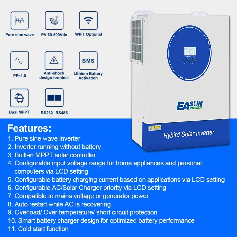 EASUN Soalr Inverter 11KW 6.2KW MPPT 160A 120A 500VDC PV Input 220VAC 48VDC 11000W 6200W Pure Sine Wave hybrid With WiFI BMS
