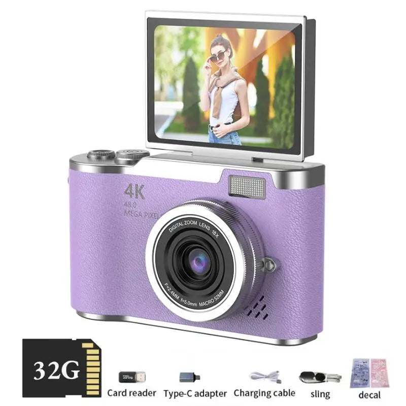 4K Digital Camera CCD 180° Flip Screen Selfie Camera 8X Digital Zoom 48MP Portable Digital Photography Camera with 32G Card by MVEnergo