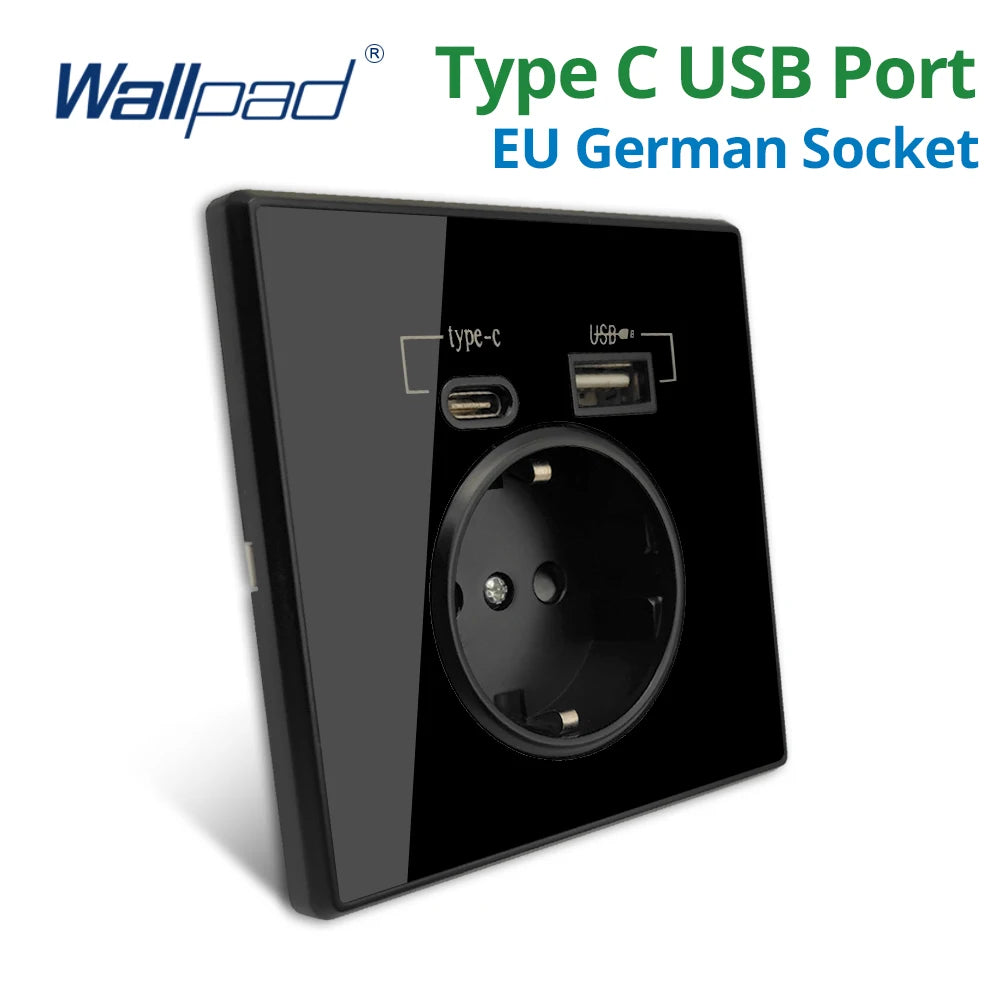 Type-C A Interface Outlet Acrylic Mirror Crystal Panel Black Wall EU Russia Spain French Socket With USB Charge 5V 2100mA Holder