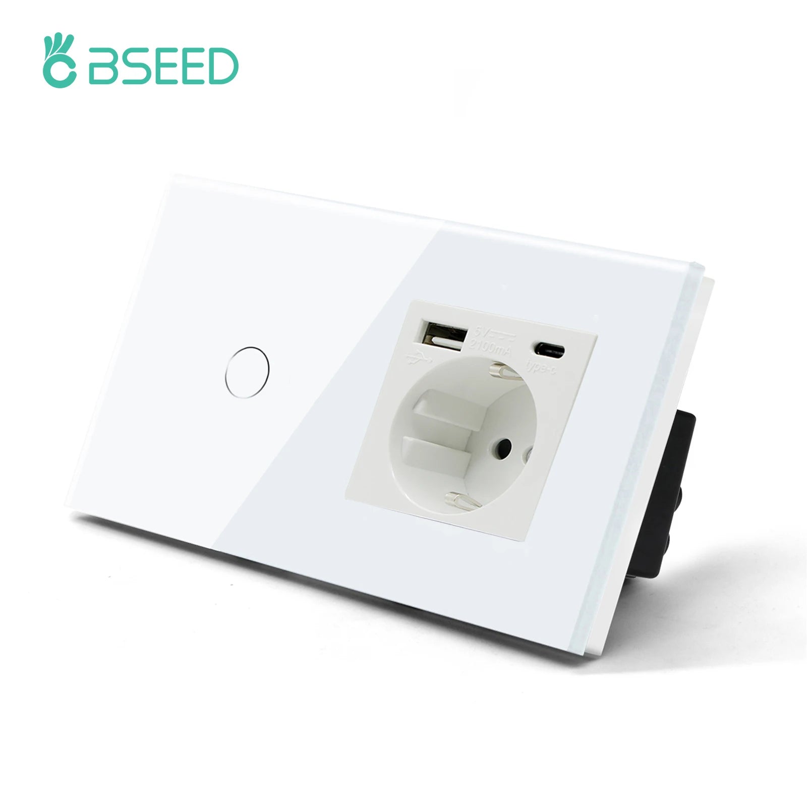 BSEED 1/2/3Gang Touch Light Switch 1Way Simple Sensor Switch Type-c USB Sockets EU Standard Glass Panel Blue Backlight 10A White by MVEnergo