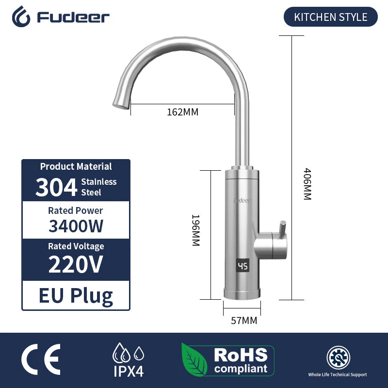Fudeer 3400W 220V Electric Kitchen Water Heater Tap Instant Hot Stainless Steel Water Faucet Heater Cold Heating Faucet by MVEnergo