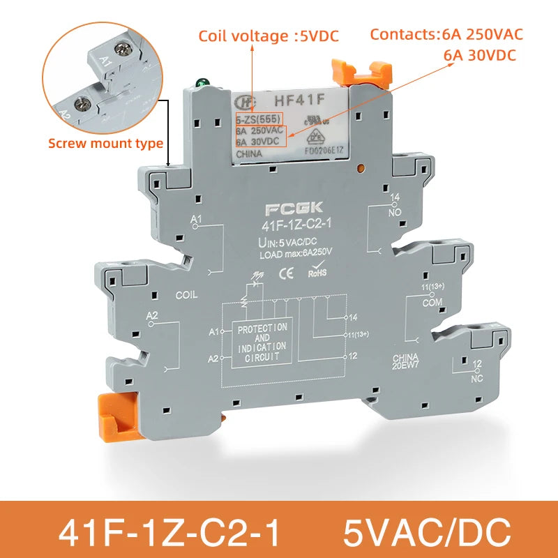 Din Rail Slim Relay Module 41F-1Z-C4-1 Integrated PCB Mount Power Relay With Relay Holder 12V 24V ACDC 220V Relay Socket 6.2mm