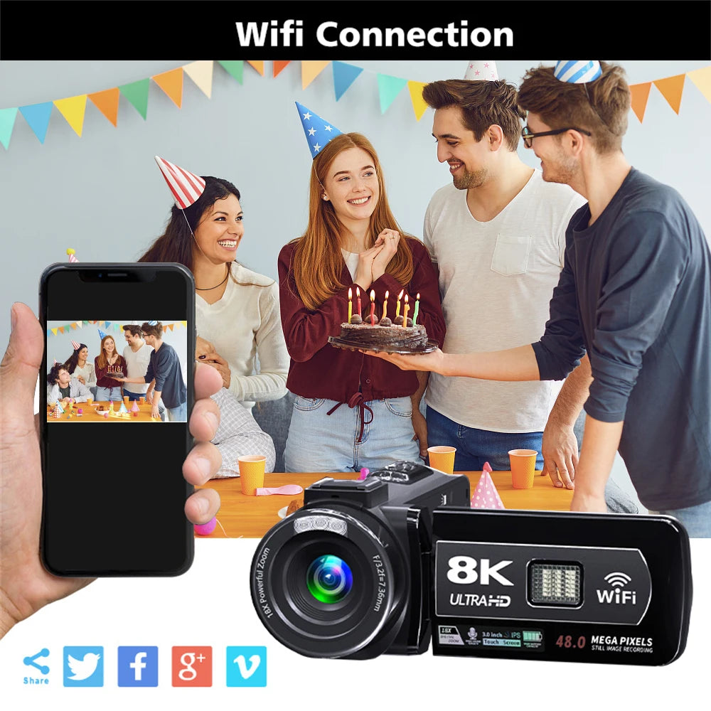 8K Digital Photography Camera 48MP Handheld DV 18X igital Zoom Camera Recorder 3'' LCD Touch Screen Portable Recording Camcorder by MVEnergo