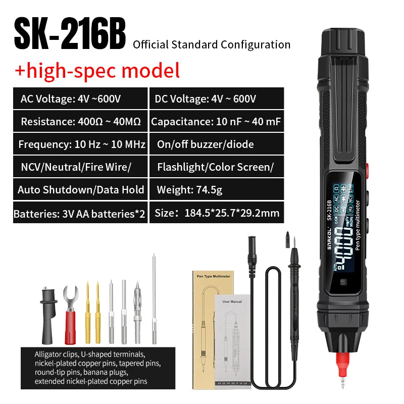 SK-216B Smart Pen-type Digital Multimeter Voltage Detector Auto Range Tester Ohm NCV Capacitance Frequency Measurement Tool by MVEnergo