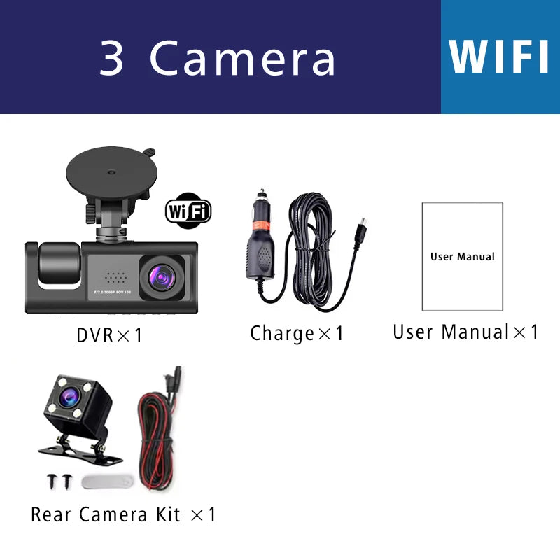 3 Camera WIFI Dash Cam Cabin Car Dvr 1080P Interior Vehicle Three Way Channel Dvrs Recorder Video Registrator Dashcam Camcorder by MVEnergo