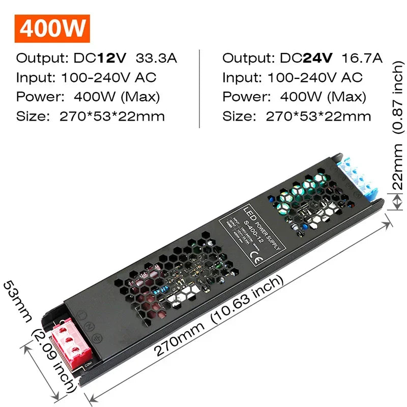 Constant Voltage Power Supply 48W 60W 100W 150W 200W 300W 400W Thin Driver For LED Strips DC 12V / 24V Lighting Transformers
