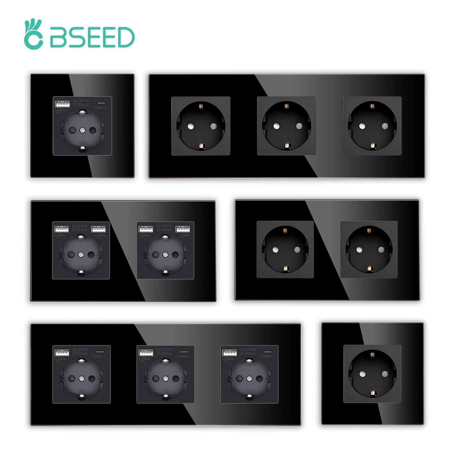 BSEED Single EU Glass Socket With USB Wall Sockets Double Electric Sockets Triple Power Outlets USB Type-C Ports Black 16A by MVEnergo