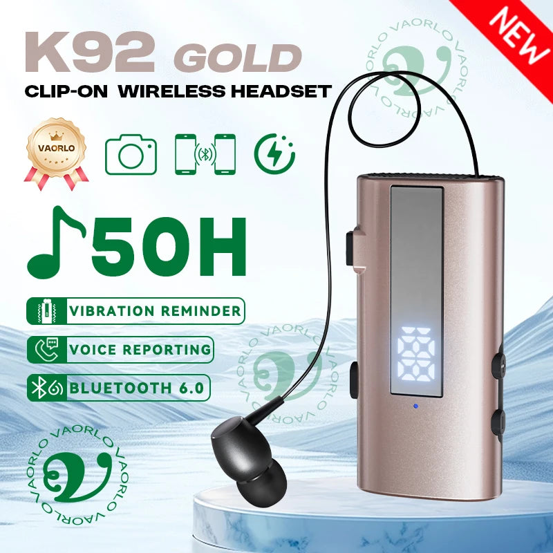K92 Bluetooth 6.0 Lavalier Business Headset Call 30h/Music 50h Vibration Reminder LED Digital Display With Mic Wireless Earphone by MVEnergo