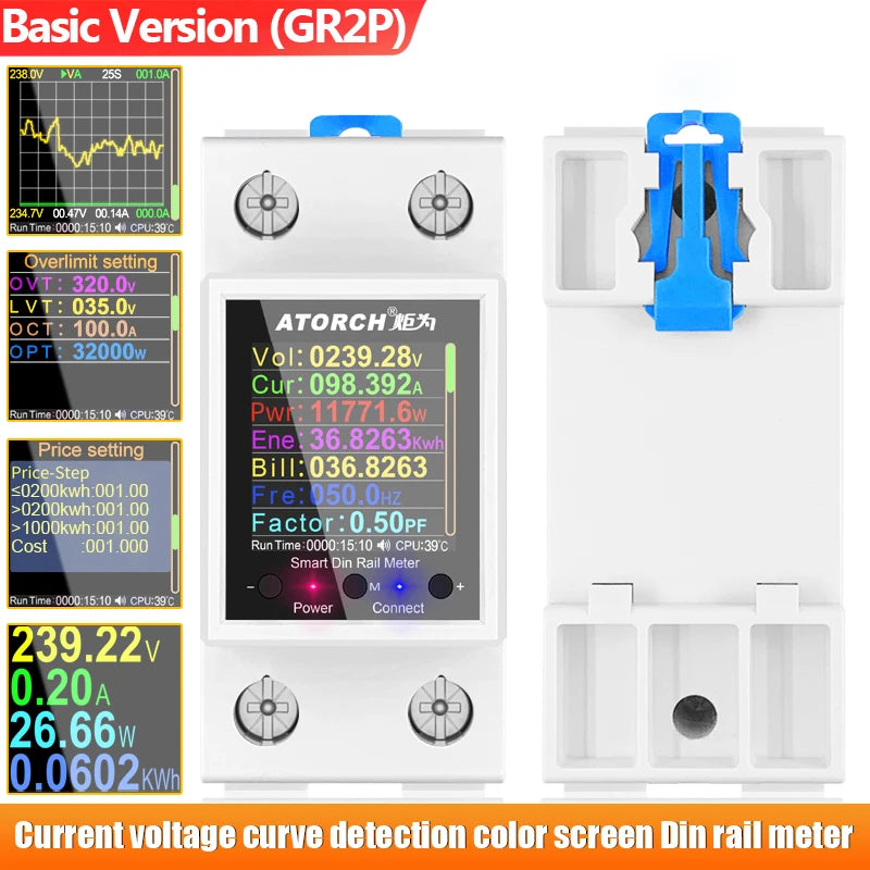 100A Tuya WiFi Din Rail Power Energy Meter AC50-320V Smart Electricity Meter Digital Display Monitor Voltage Curve Ammeter GR2PW