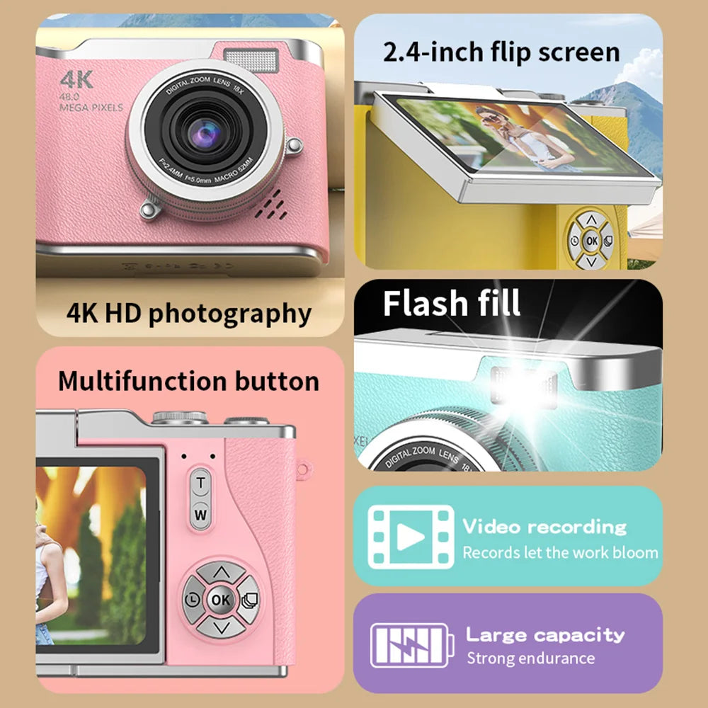 4K Digital Camera CCD 180° Flip Screen Selfie Camera 8X Digital Zoom 48MP Portable Digital Photography Camera with 32G Card by MVEnergo
