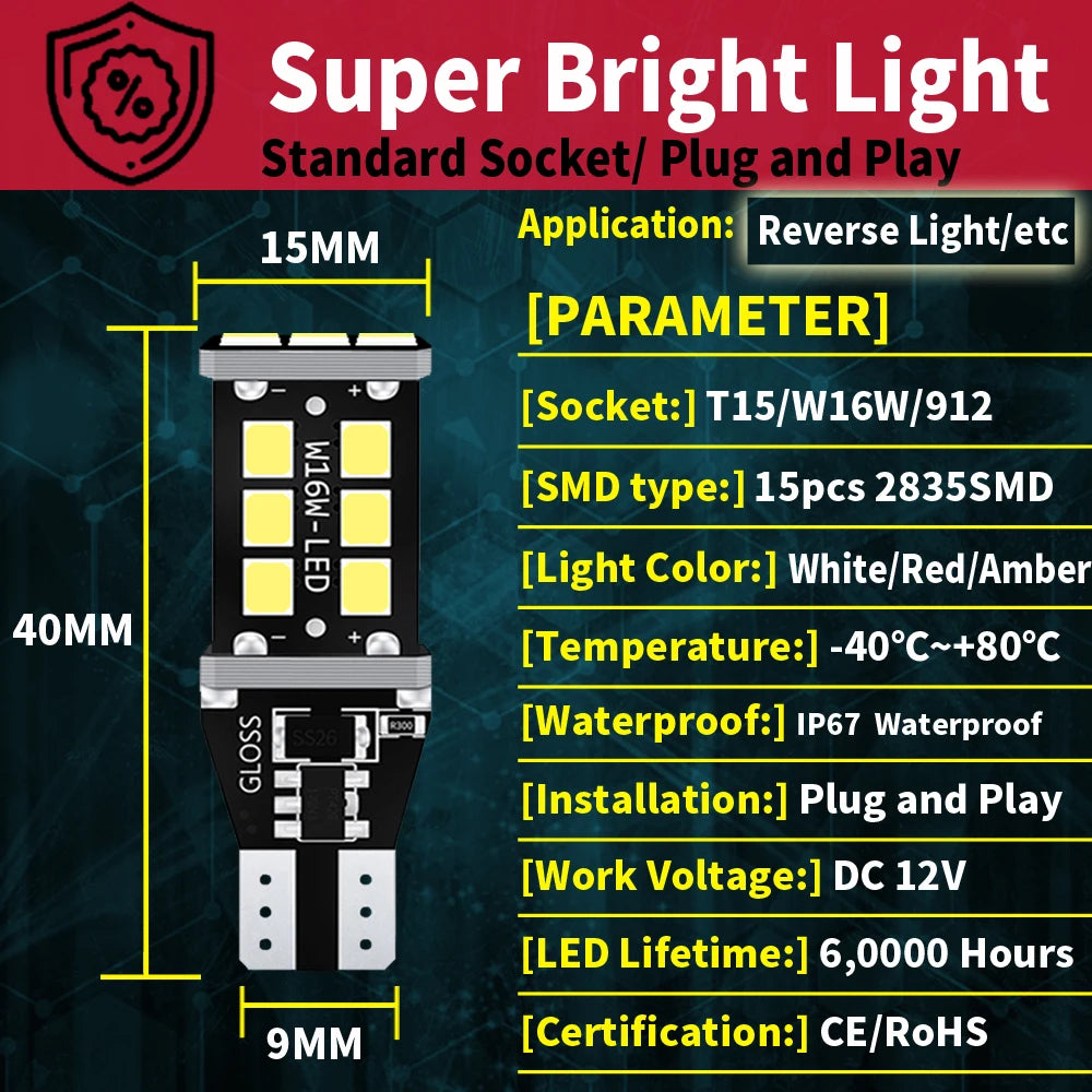 2x T15 W16W LED Super Bright 15SMD 2835 921 912 LED Canbus No ERROR Car Backup Stop Reserve Lights Bulb Brake Lamp red White by MVEnergo