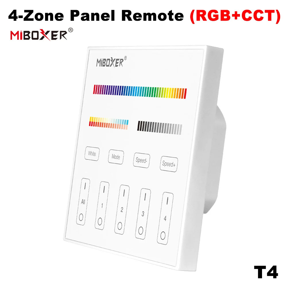 MiBoxer T4 AC100-240V 4-Zone 2.4GHz 86Touch RGB+CCT Panel Remote Switch Brightness adjustable Controller For LED Lamp/Strip/FCOB