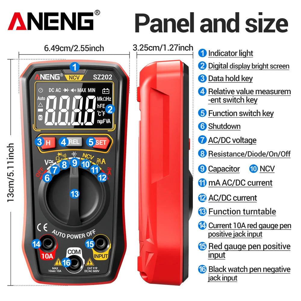 Multimeter 4000 Count 4mF Capacitor Tester ANENG SZ202 HD-Display 600V Electrician Repair Meter 10A mA Current NCV DIY Test Tool by MVEnergo