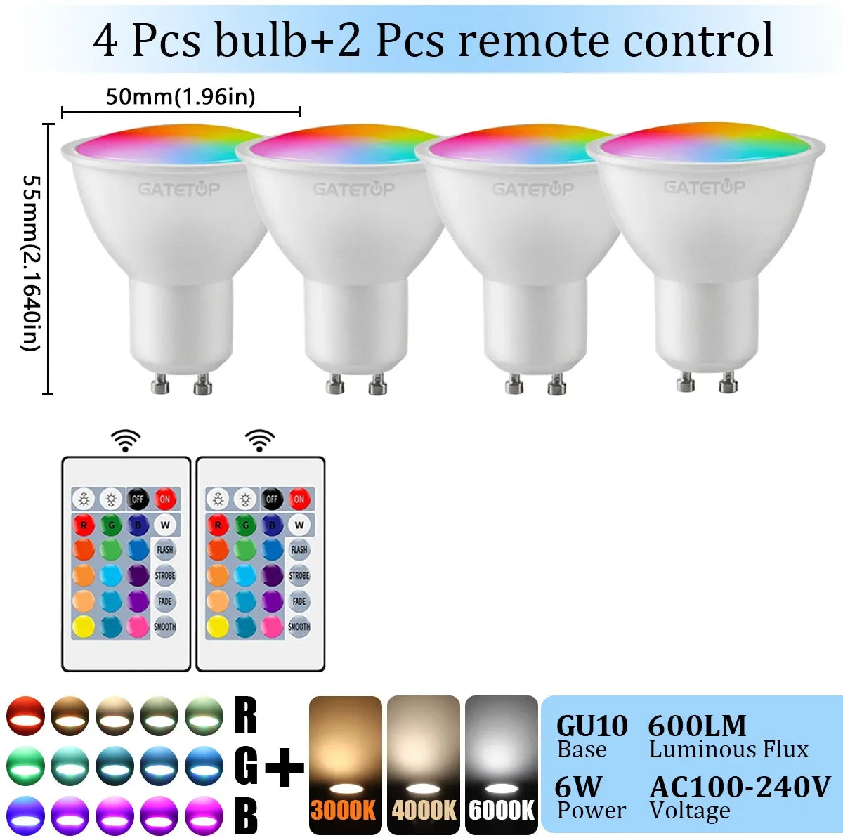 1-10PCS RGB GU10 LED Spotlight Bulb 24 Key Remote Control Dimmable 6W AC220V 110V Colorful Change for Bedroom Living Room Lamp