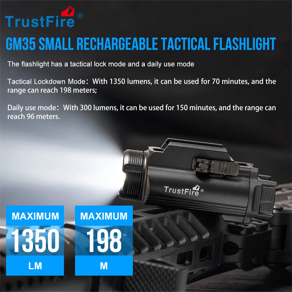 Trustfire GM35 Tactical LED Flashlights Mini Pistol Lights 1350Lumens USB Rechargeable Quick Release Handgun 1913/GL Rail by MVEnergo