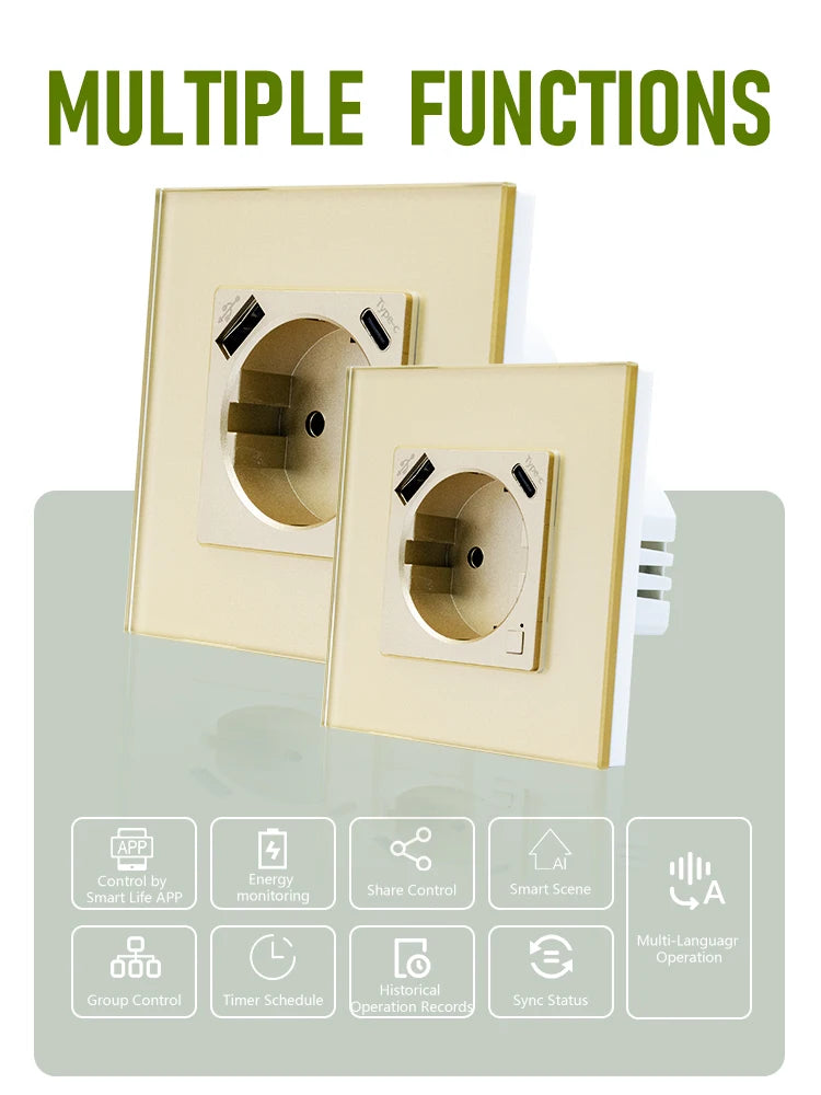 Wifi Smart Sockets Type-c USB Fast Charging Timing Function EU Socket Work With Tuya  Alice Alexa 220V Wall Socket