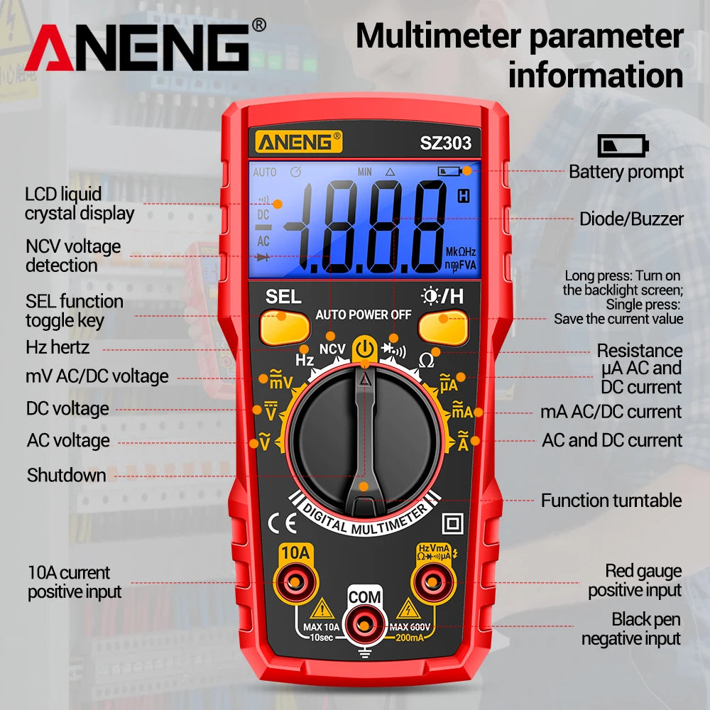 ANENG SZ303 Smart Digital Multimeter 1999 Count Professional AC/DC Voltage Current Electrical Data Retention High Precision Tool by MVEnergo