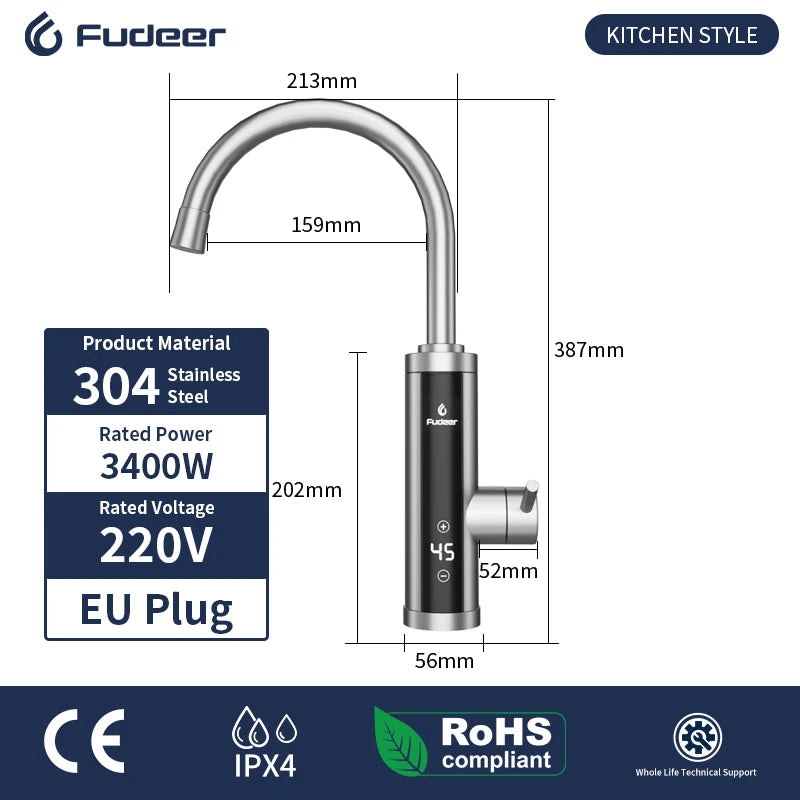 Fudeer 3400W 220V Electric Kitchen Water Heater Tap Instant Hot Stainless Steel Water Faucet Heater Cold Heating Faucet by MVEnergo