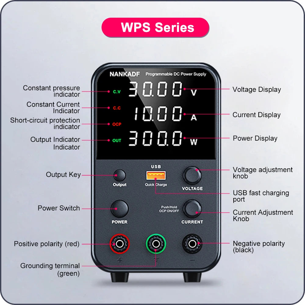 NANKADF Adjustable Switching DC Power Supply 30V 10A Lab Bench Power Supply 60V 5A Output Preset Current USB Fast Charge Display by MVEnergo
