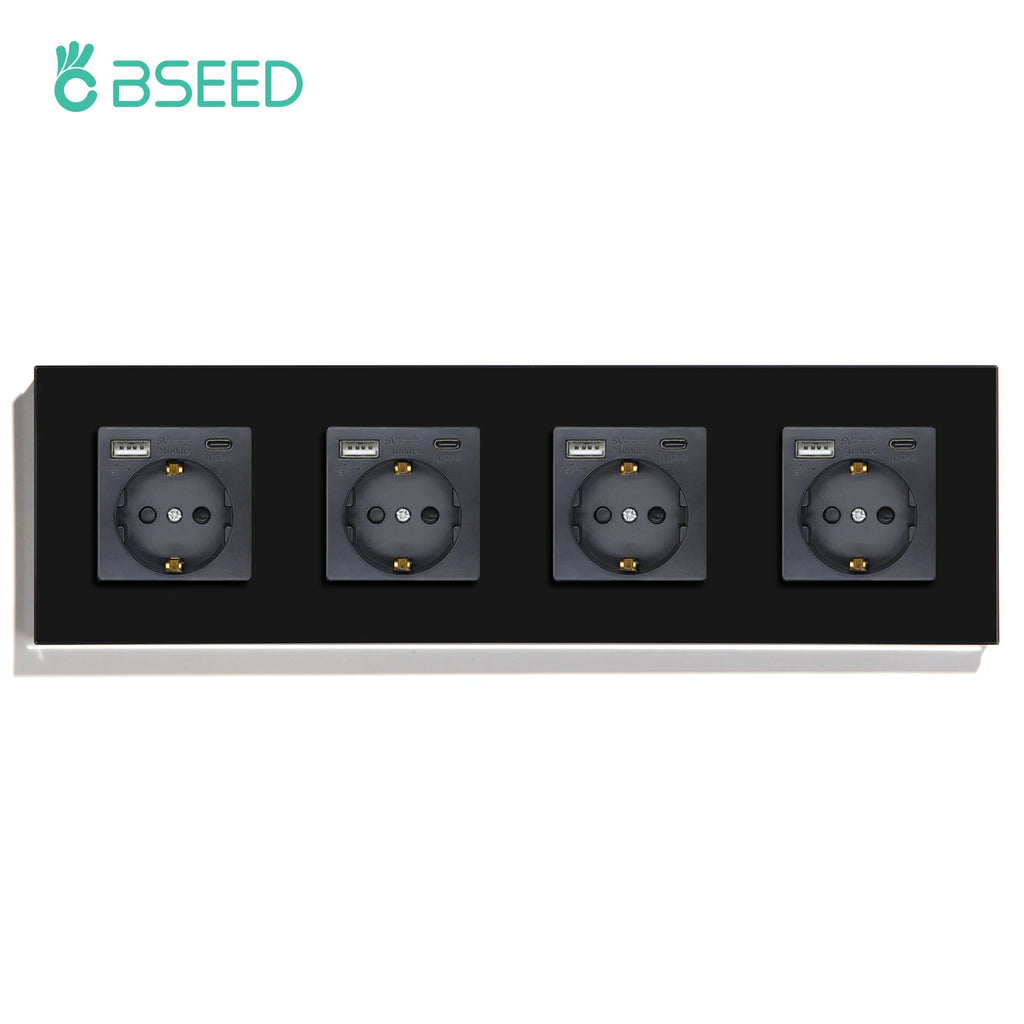 BSEED Single EU Glass Socket With USB Wall Sockets Double Electric Sockets Triple Power Outlets USB Type-C Ports Black 16A by MVEnergo