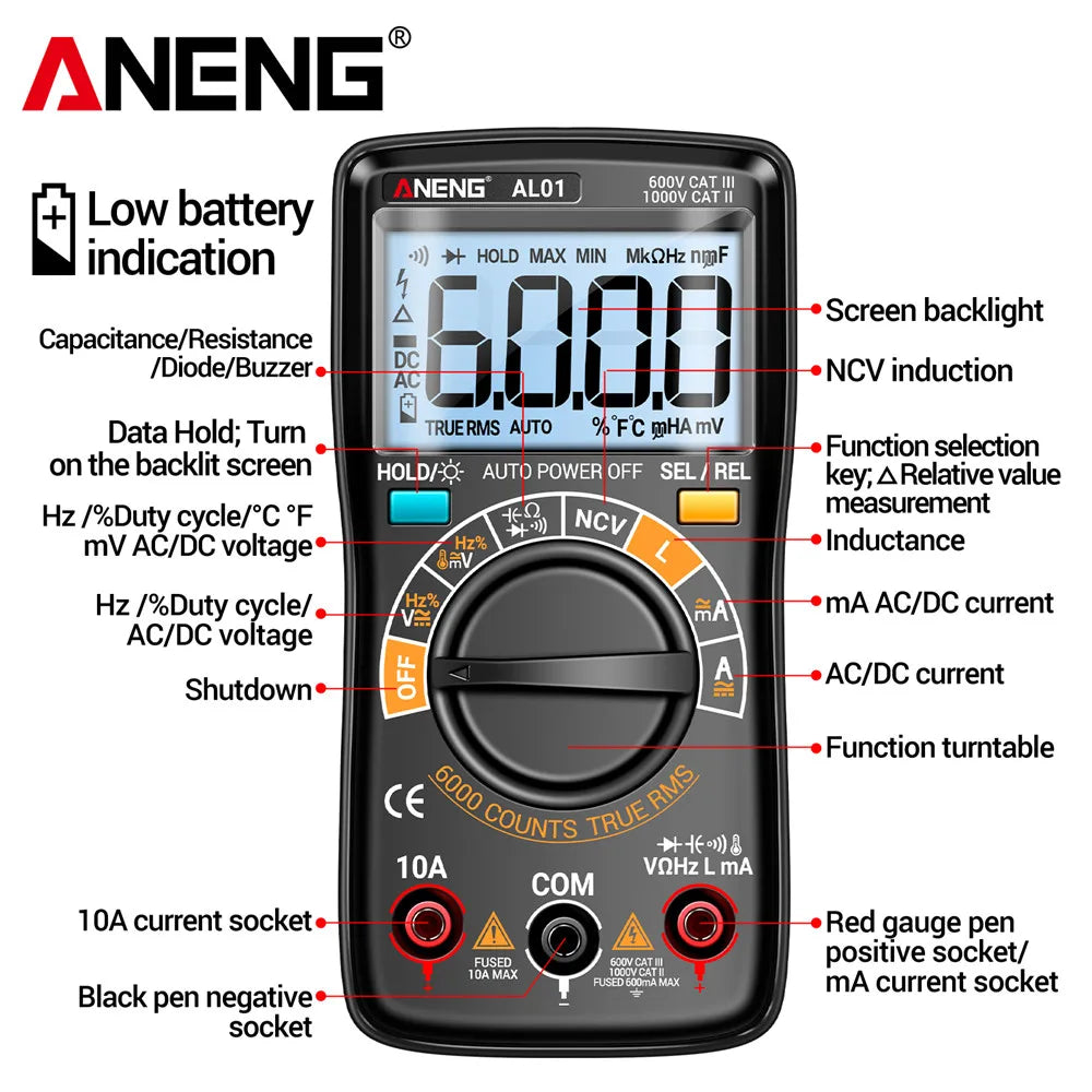 ANENG AL01 Inductance Digital Multimeter 6000 Counts True-RMS AC/DC Voltage Meter Current Tester Professional Electrician Tools by MVEnergo