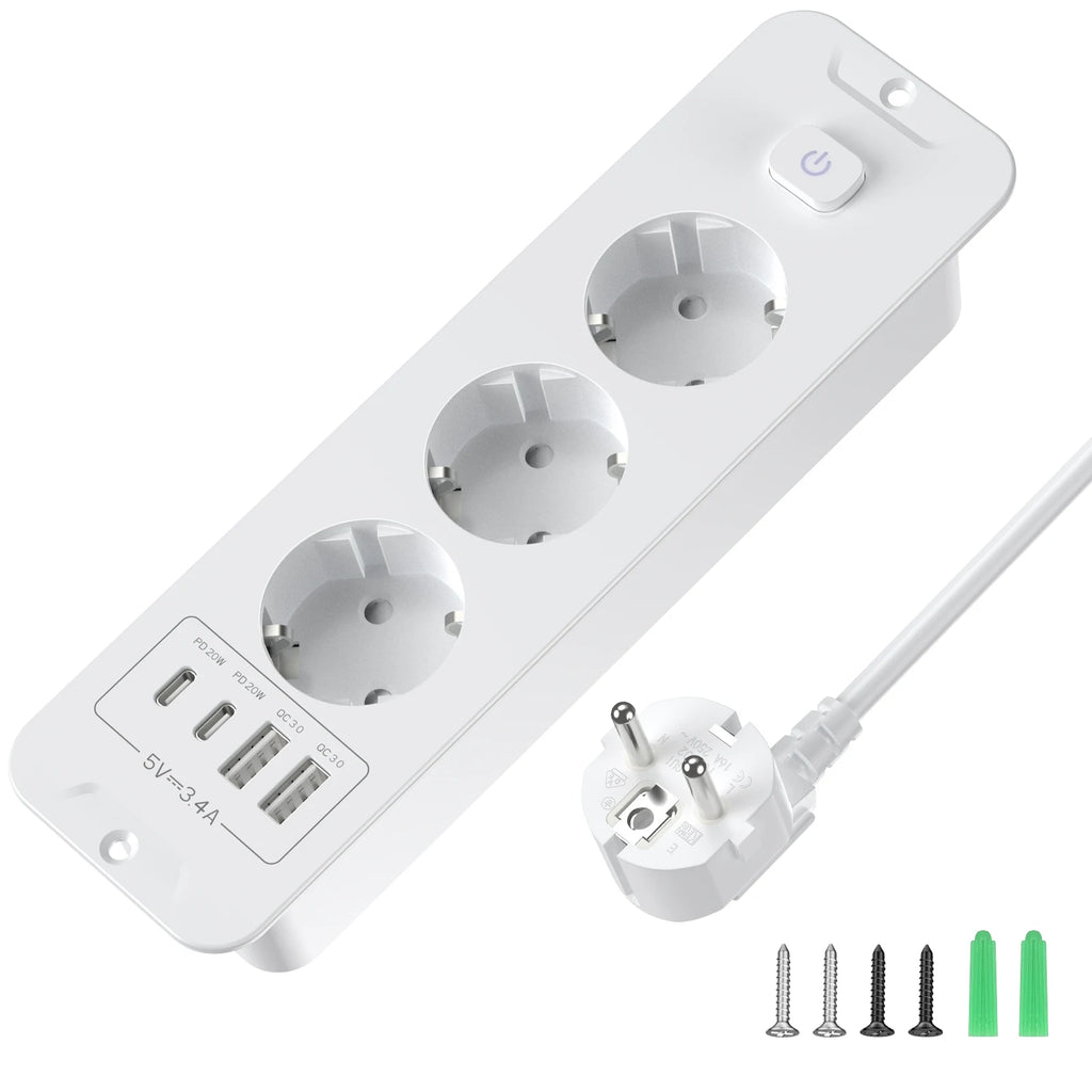 EU Built in Power Strip Desktop Recessed Socket with 2 USB 2 Type C Fast charge, Multi-Contact Outlet with 2M Extension Cable by MVEnergo