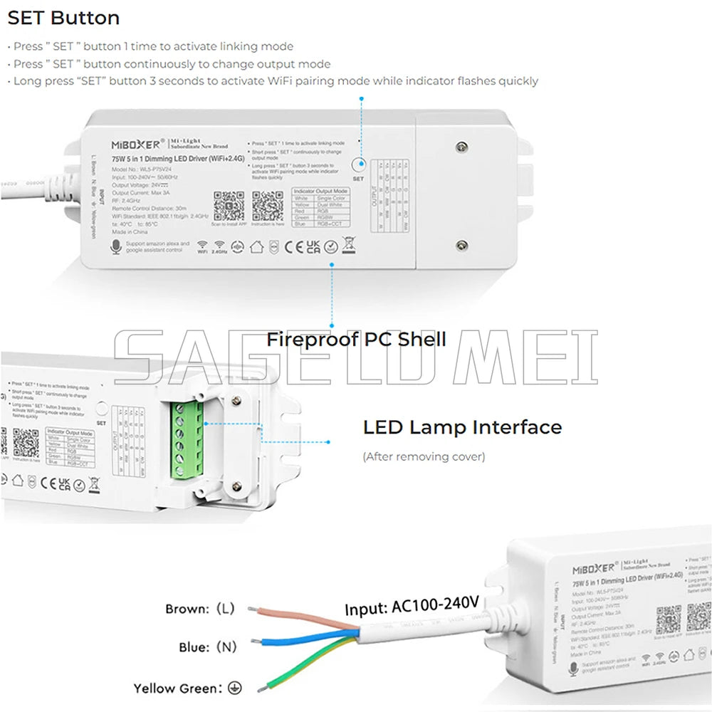75W MiBoxer WL5-P75V24 5-in-1 Dimmer Tuya Smart 24V WiFi+2.4G Built-in Driver for Single/Dual White/RGB/RGBW/RGBCCT LED Strips