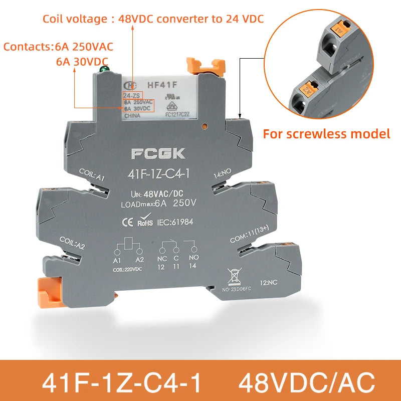 Din Rail Slim Relay Module 41F-1Z-C4-1 Integrated PCB Mount Power Relay With Relay Holder 12V 24V ACDC 220V Relay Socket 6.2mm