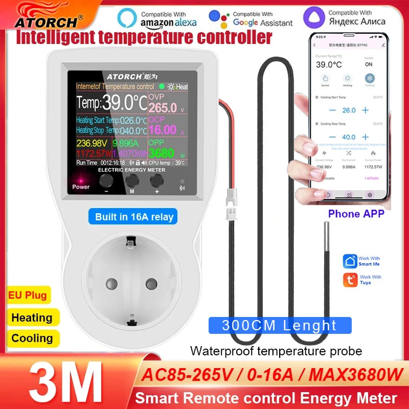 16A AC220V Tuya WIFI Digital Thermostat Socket Incubator Temperature Controller With Timer Switch Cooling Heating 3M NTC Sensor by MVEnergo