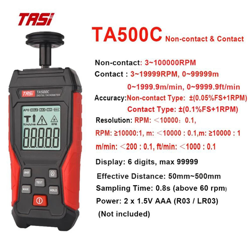 TASI TA500A/B/C Tachometer Contact&Non-contact Digital Tachometer Laser Photo Tachometer High Accuracy Max 100000 RPM Tachometer