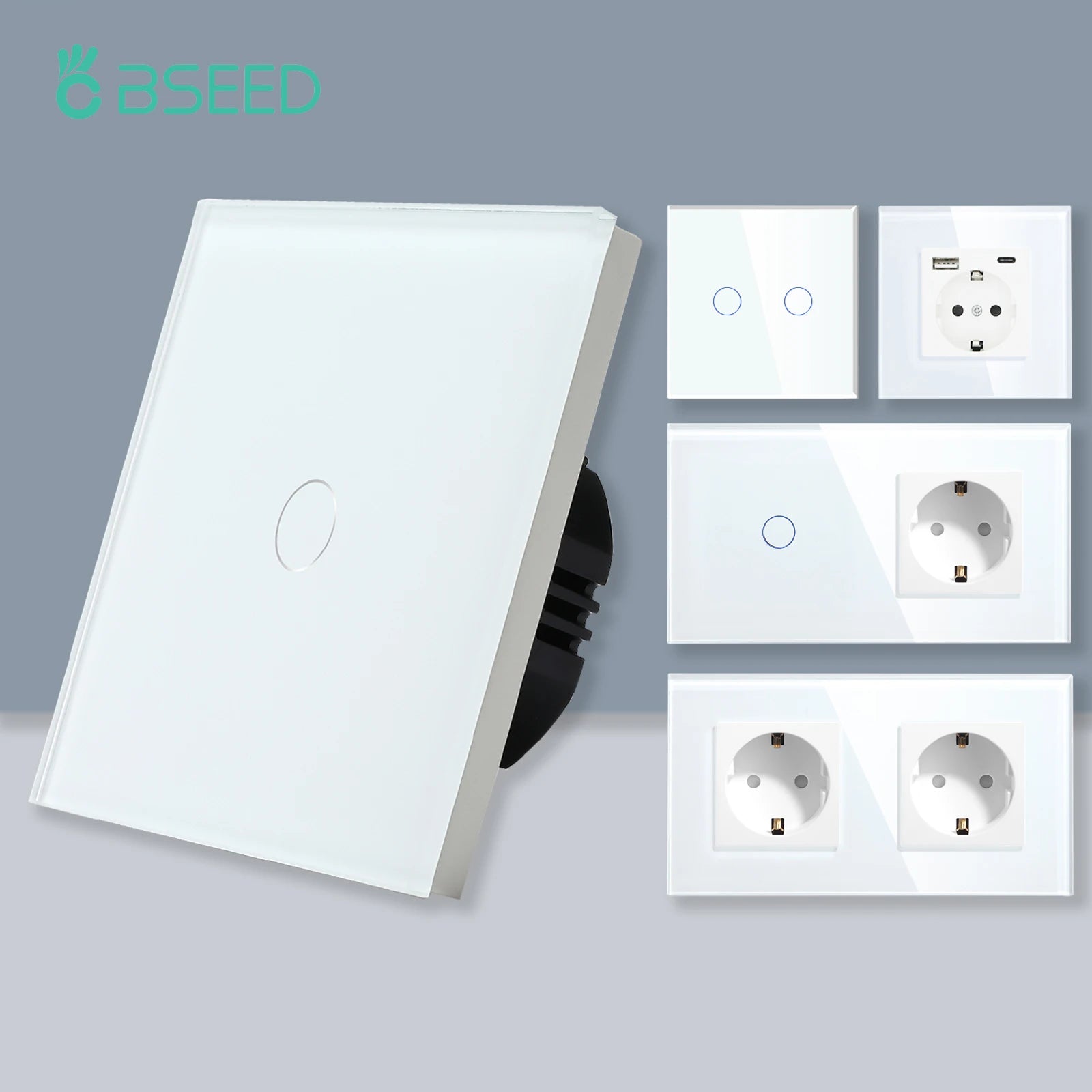 BSEED 1/2/3Gang Touch Light Switch 1Way Simple Sensor Switch Type-c USB Sockets EU Standard Glass Panel Blue Backlight 10A White by MVEnergo