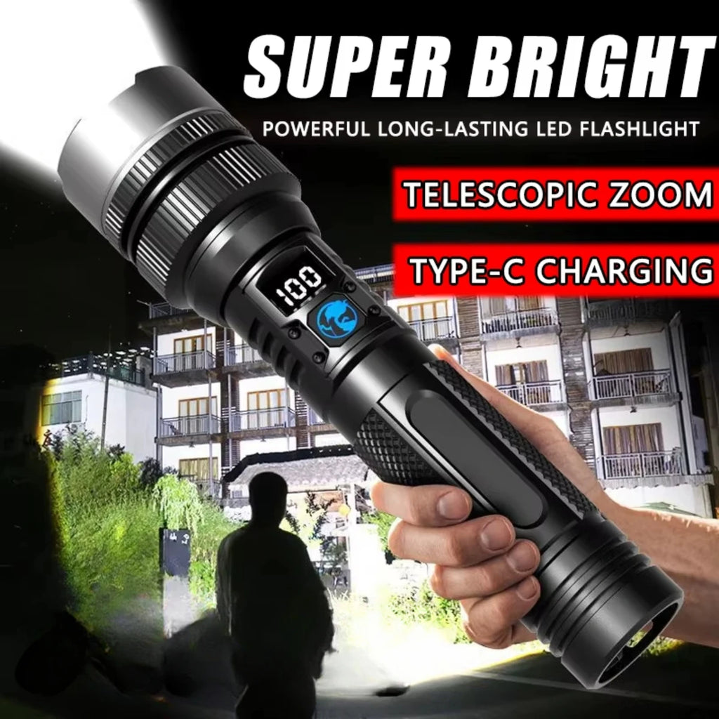 2025 Latest High Power LED Flashlight with Zoom and Digital Display Lantern USB Rechargeable Flashlight for Camping and Hiking by MVEnergo