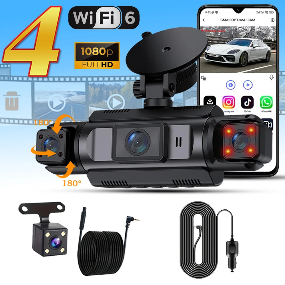 4Ch WiFi Dashcam car camera Black Box Driving DVR FHD 1080P Front Left Right Rear Night Vision Loop Recording Hardwire kit by MVEnergo