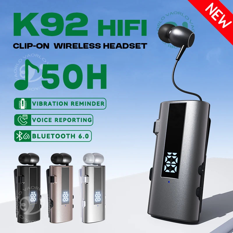 K92 Bluetooth 6.0 Lavalier Business Headset Call 30h/Music 50h Vibration Reminder LED Digital Display With Mic Wireless Earphone by MVEnergo